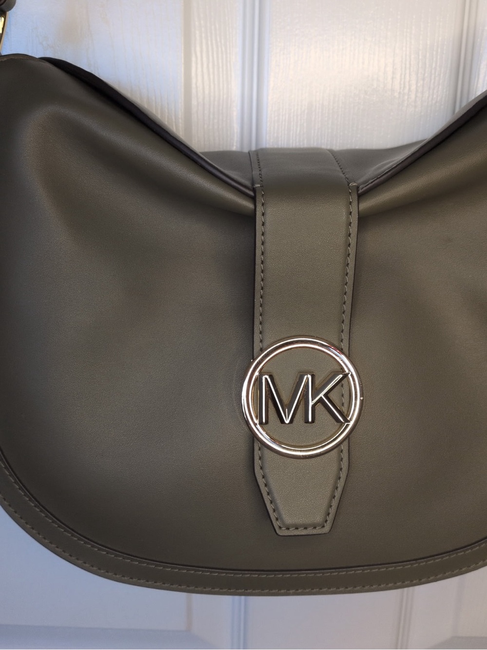 Michael Kors Gabby Olive Saddle Shoulder Hobo Bag with Silver MK Logo